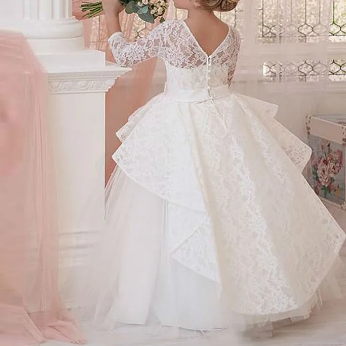 2021 White Puffy Three Quarter Sleeves Holy Communion Dresses For Girls Long Tulle lace Flower Girl Dress With Bow
2021 White Puffy Three Quarter Sleeves Holy Communion Dresses For Girls Long Tulle lace Flower Girl Dress With Bow