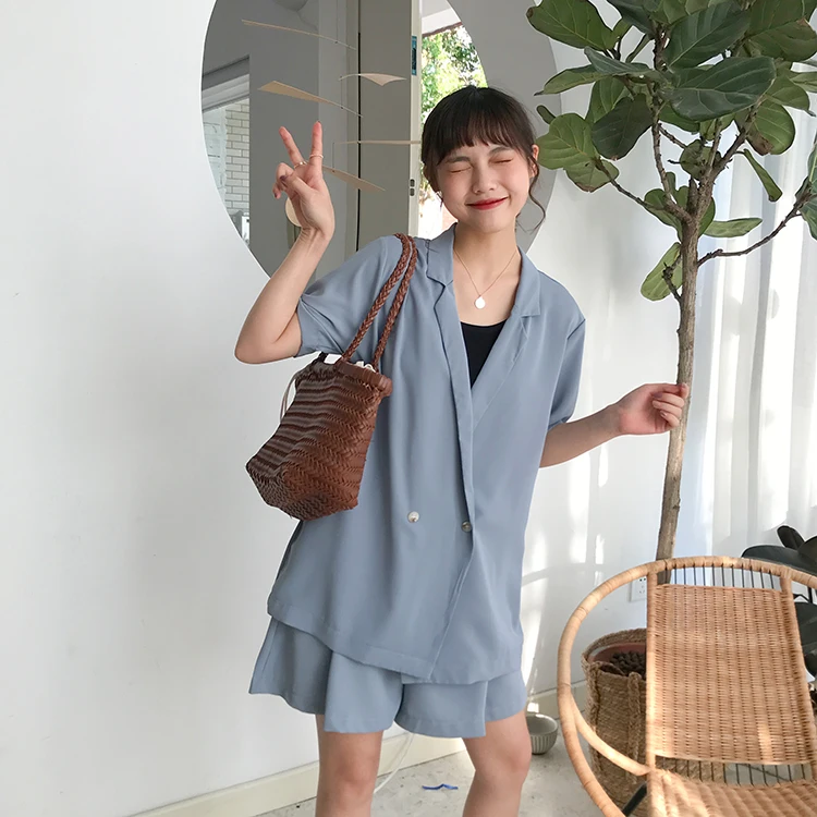 two pcs set summer 2019 solid color chiffon coat+wide leg shorts 2 womens clothing (F3729) | Женская одежда
