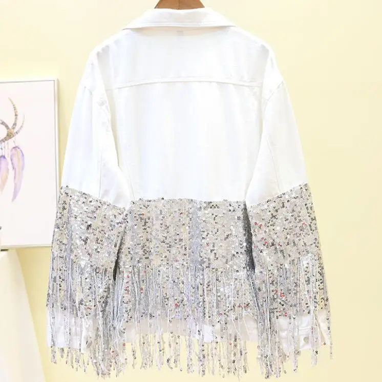 2020 Fashion Punk Sequins Beading Tassels Denim Coat Women Cool White Denim Jacket Fashion jeans coat
2020 Fashion Punk Sequins Beading Tassels Denim Coat Women Cool White Denim Jacket Fashion jeans coat