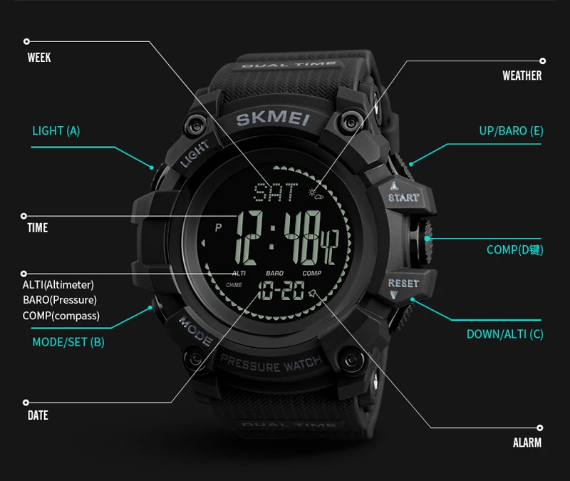 Men Sports Watches SKMEI Brand Outdoor Digital Watch Hours Altimeter Countdown Pressure Compass Thermometer Men's Wrist Watch
Men Sports Watches SKMEI Brand Outdoor Digital Watch Hours Altimeter Countdown Pressure Compass Thermometer Men's Wrist Watch