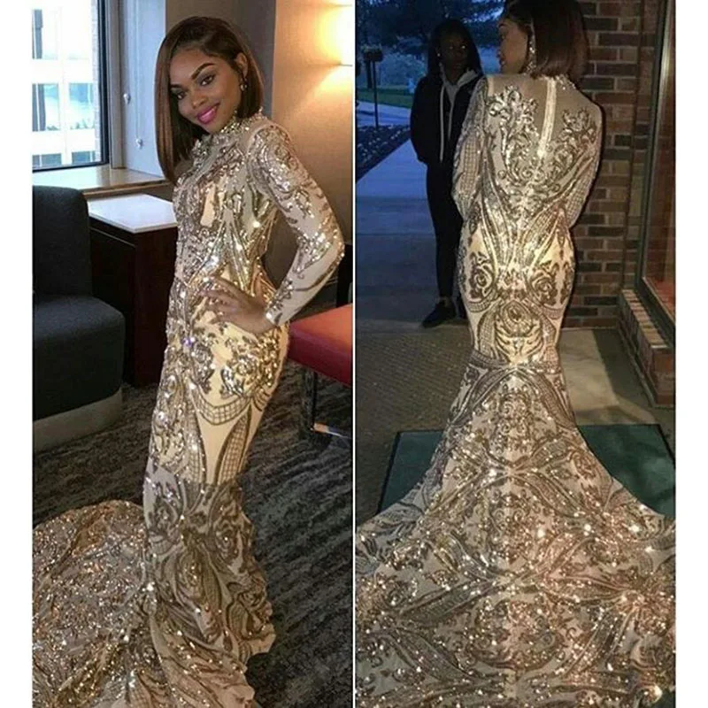 Champagne Long Sleeve Mermaid Prom Dresses Black Girl Sweep Strain Illusion Sequin High Neck Formal Evening Dress Party Gowns
Champagne Long Sleeve Mermaid Prom Dresses Black Girl Sweep Strain Illusion Sequin High Neck Formal Evening Dress Party Gowns