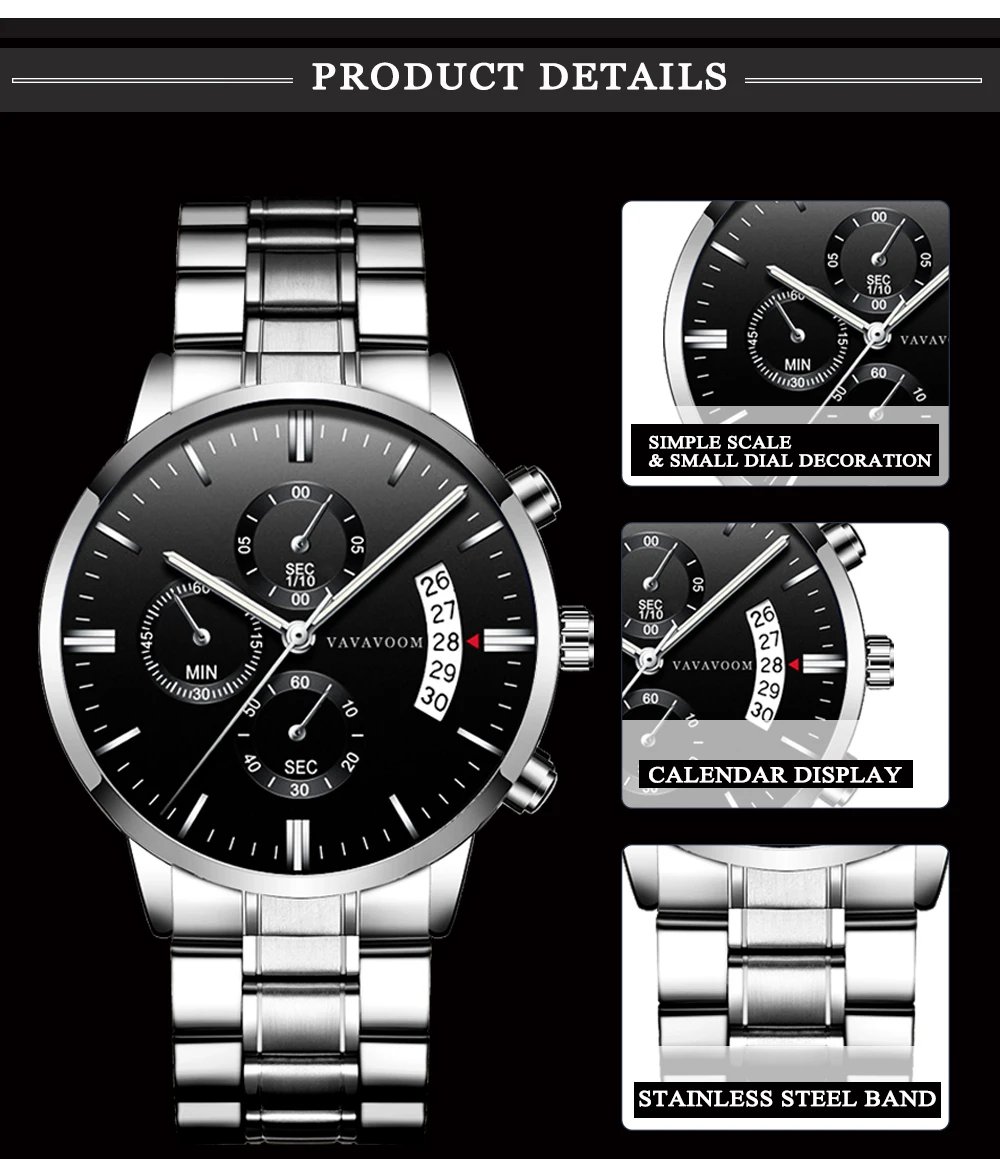 VA VA VOOM men's stainless steel belt business casual calendar quartz watch waterproof black steel Montre homme
VA VA VOOM men's stainless steel belt business casual calendar quartz watch waterproof black steel Montre homme