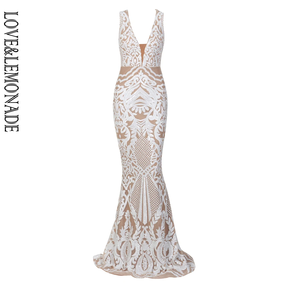 LOVE&LEMONADE Deep V-Neck Geometric Sequins Mesh Lining Sleeveless Long Dress LM81336 WHITE
LOVE&LEMONADE Deep V-Neck Geometric Sequins Mesh Lining Sleeveless Long Dress LM81336 WHITE