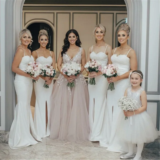 Custom Made White Mermaid Bridesmaid Dresses Strapless Spaghetti Strap Front Split Lace Elastic Satin Long Wedding Party Dress
Custom Made White Mermaid Bridesmaid Dresses Strapless Spaghetti Strap Front Split Lace Elastic Satin Long Wedding Party Dress
