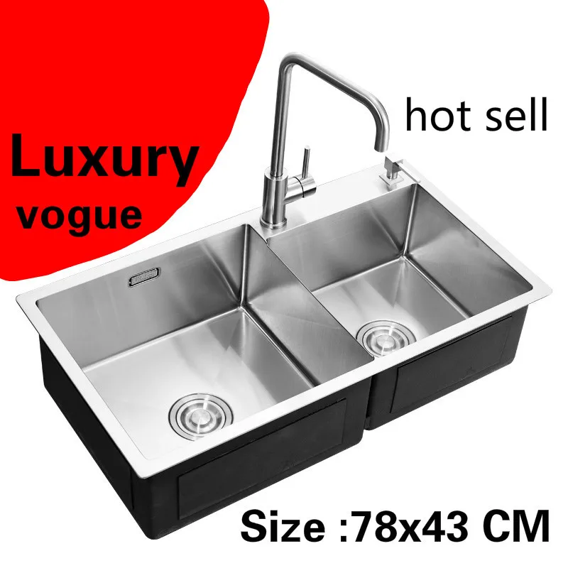 

Free shipping Apartment kitchen manual sink double groove do the dishes 304 stainless steel high quality hot sell 78x43 CM