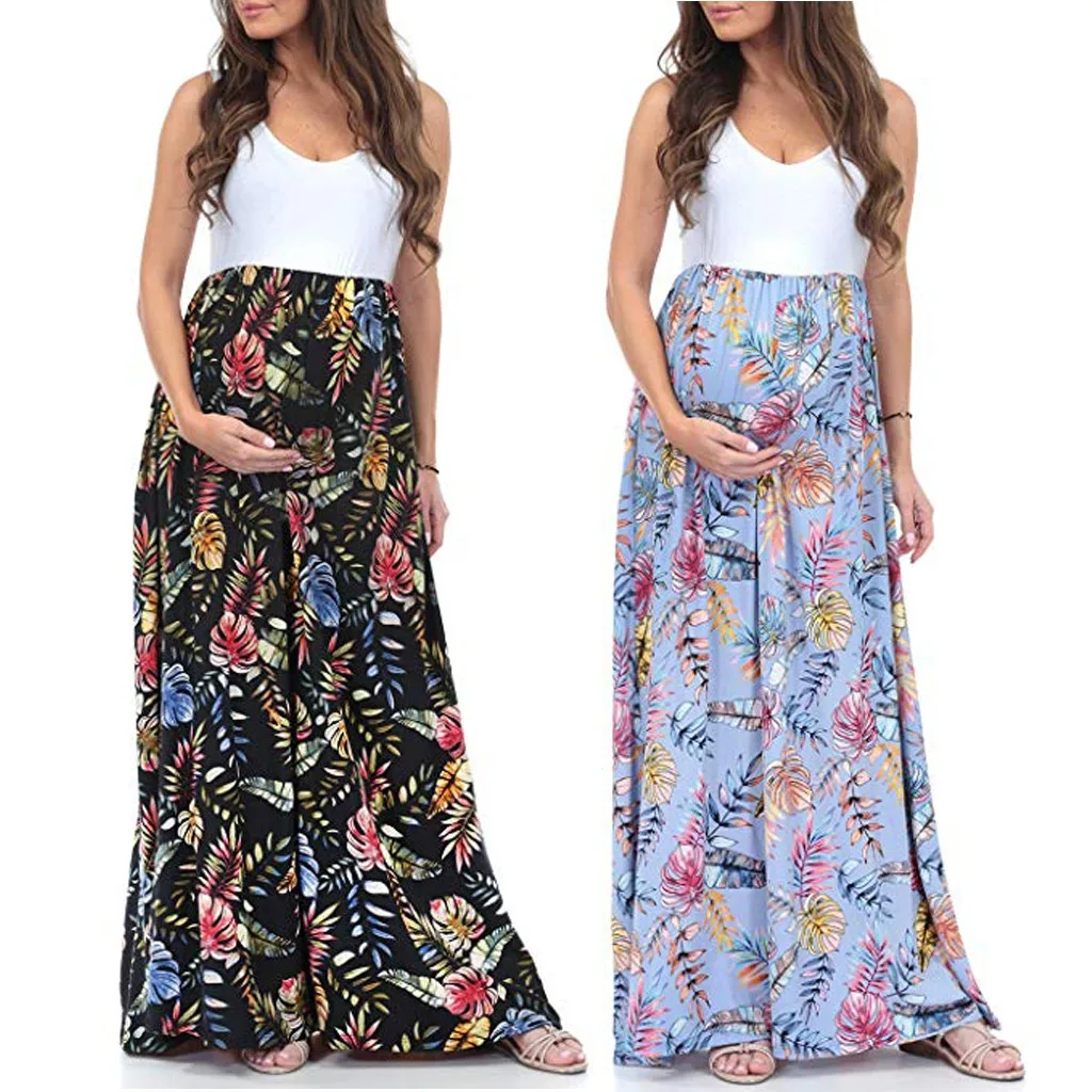 

Maternity Dress 2021 Women Sleeveless Maternity Pregnancy Clothes Pregant Women Dress Ruched Long Maxi Splicing Dress