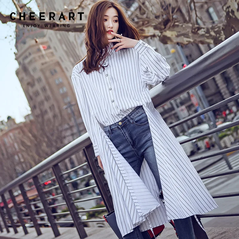 Cheerart Streetwear White Striped Blouse Long Sleeve Side Split Front Short Back Long High Low Shirt Women Fashion 2018
Cheerart Streetwear White Striped Blouse Long Sleeve Side Split Front Short Back Long High Low Shirt Women Fashion 2018