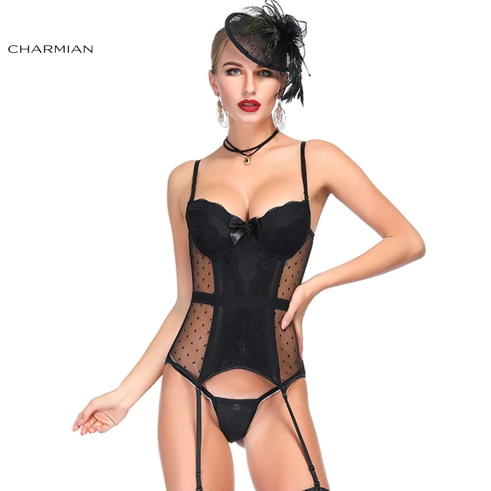 Charmian Women's Charming Black Sheer Mesh Floral Lace Spaghetti Straps Plastic Bone Chemise Bustier Corset Lingerie
Charmian Women's Charming Black Sheer Mesh Floral Lace Spaghetti Straps Plastic Bone Chemise Bustier Corset Lingerie