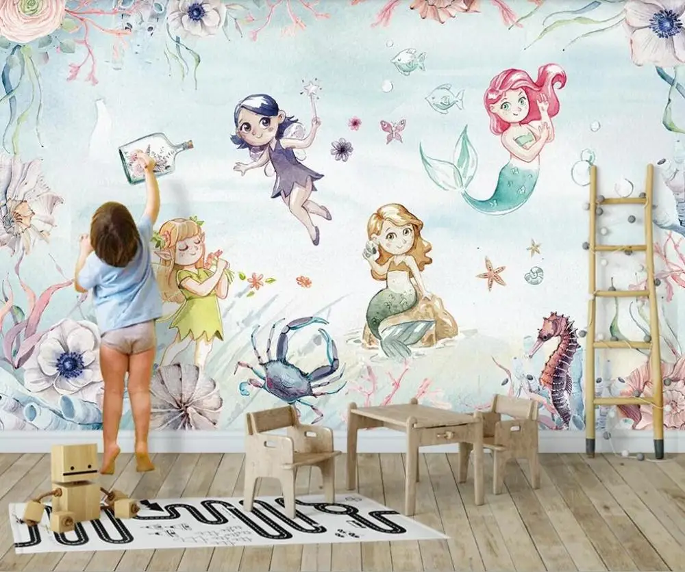 Customized large-scale 3D mural wallpaper sea world hand-painted cute fairy mermaid girl children's room background wall
Customized large-scale 3D mural wallpaper sea world hand-painted cute fairy mermaid girl children's room background wall