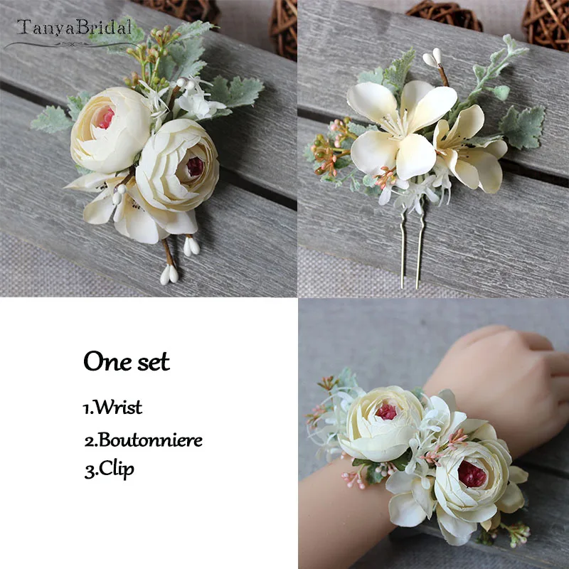 Champagne Bridesmaid Flower Wrist Groom Silk Corsage Artificial Boutonniere Hair Accessories set DWH005
Champagne Bridesmaid Flower Wrist Groom Silk Corsage Artificial Boutonniere Hair Accessories set DWH005