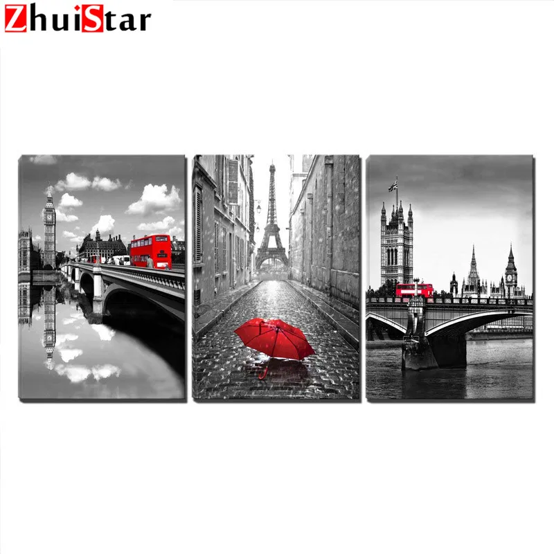 

diy 5d diamond painting cross stitch 3 Pcs Black and White Paris Tower with Red Umbrella London's Big Ben Clock with Red Bus WHH