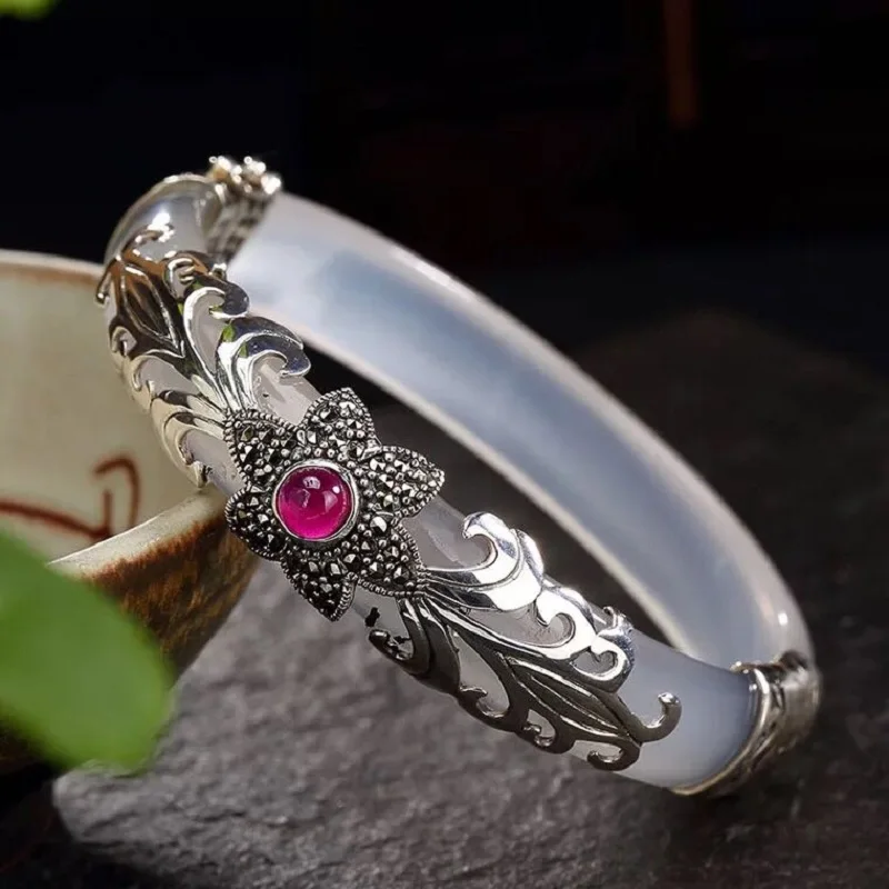 Однотонный Халцедон из серебра S925 для женщин Роскошный прозрачный браслет
