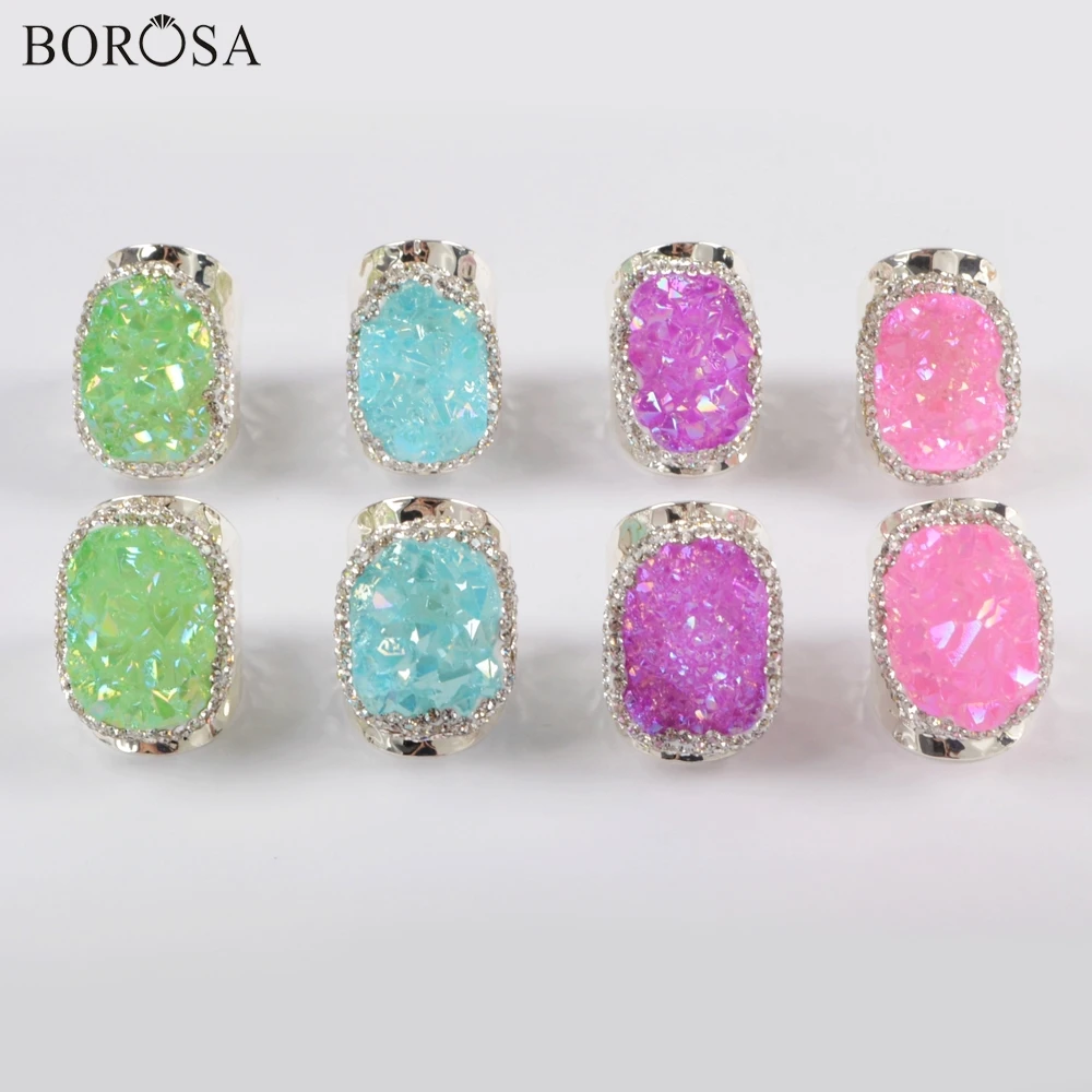 

BOROSA 5Pcs New Silver Color Rhinestone Paved Agates Druzy Band Ring Rainbow AB Electroplated Druzy Women Rings Jewelry JAB965