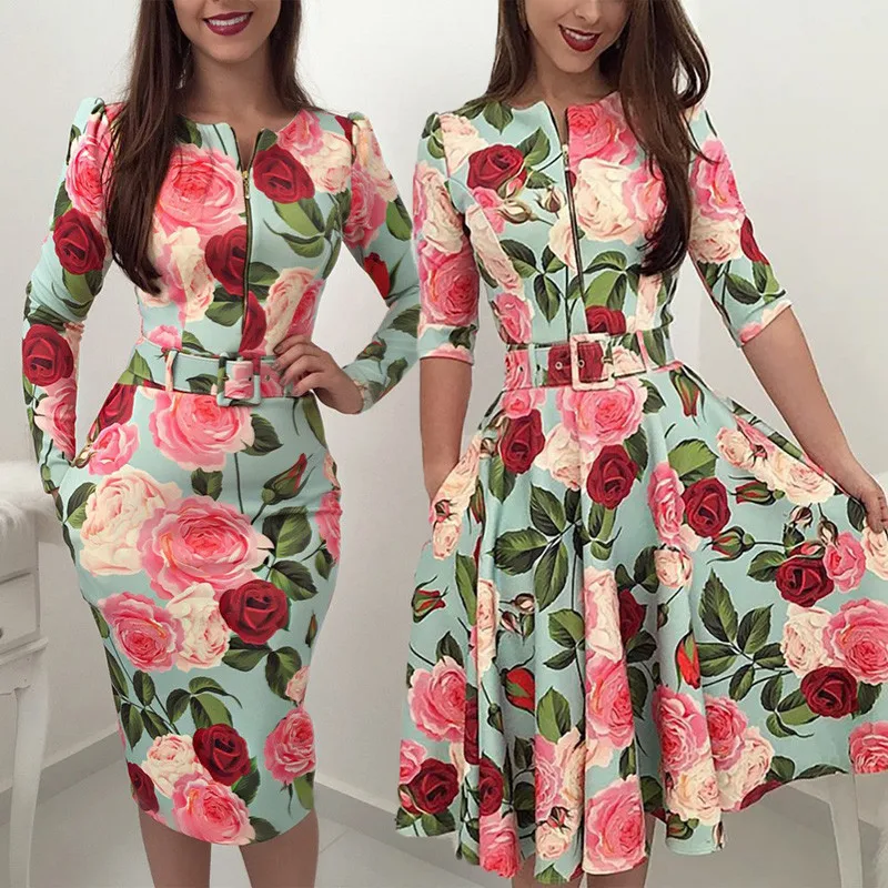 

Vintage Boho Style Belted Sundress Dress 2018 Spring Summer Half Sleeve Flower Print Vacation Clothing Women Beach Ruffle Dress