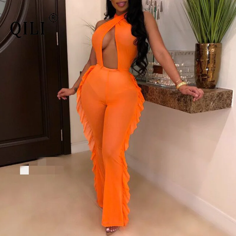QILI Sexy Open Chest Backless Mesh Jumpsuits Women Sleeveless Ruffles Wide Leg Long Pants Orange Jumpsuit Party Night Club Wear
QILI Sexy Open Chest Backless Mesh Jumpsuits Women Sleeveless Ruffles Wide Leg Long Pants Orange Jumpsuit Party Night Club Wear