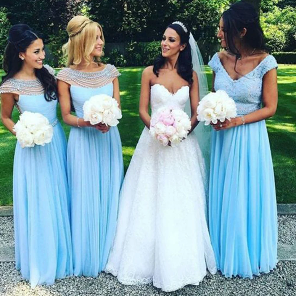 Синие платья подружки невесты 2019 шифоновые для гостей свадьбы с круглым вырезом