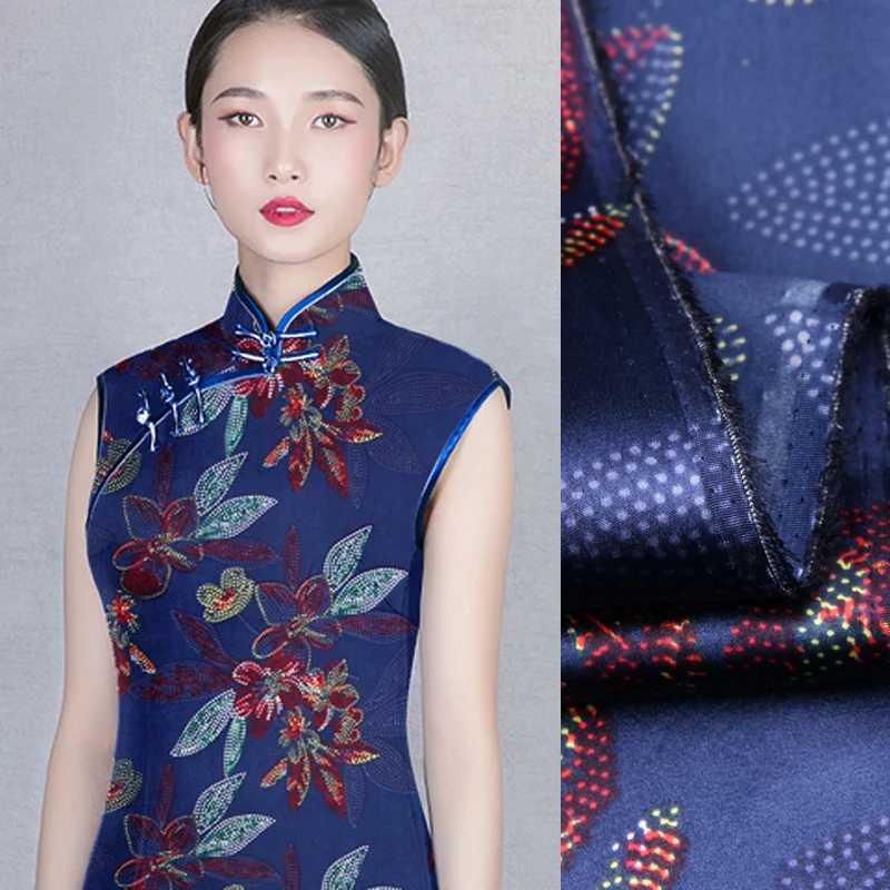 118CM Wide 19MM 93% Silk & 7% Spandex Floral Dark Blue Stretch Silk Satin Fabric for Summer Dress Shirt Clothes Cheongsam D868
118CM Wide 19MM 93% Silk & 7% Spandex Floral Dark Blue Stretch Silk Satin Fabric for Summer Dress Shirt Clothes Cheongsam D868