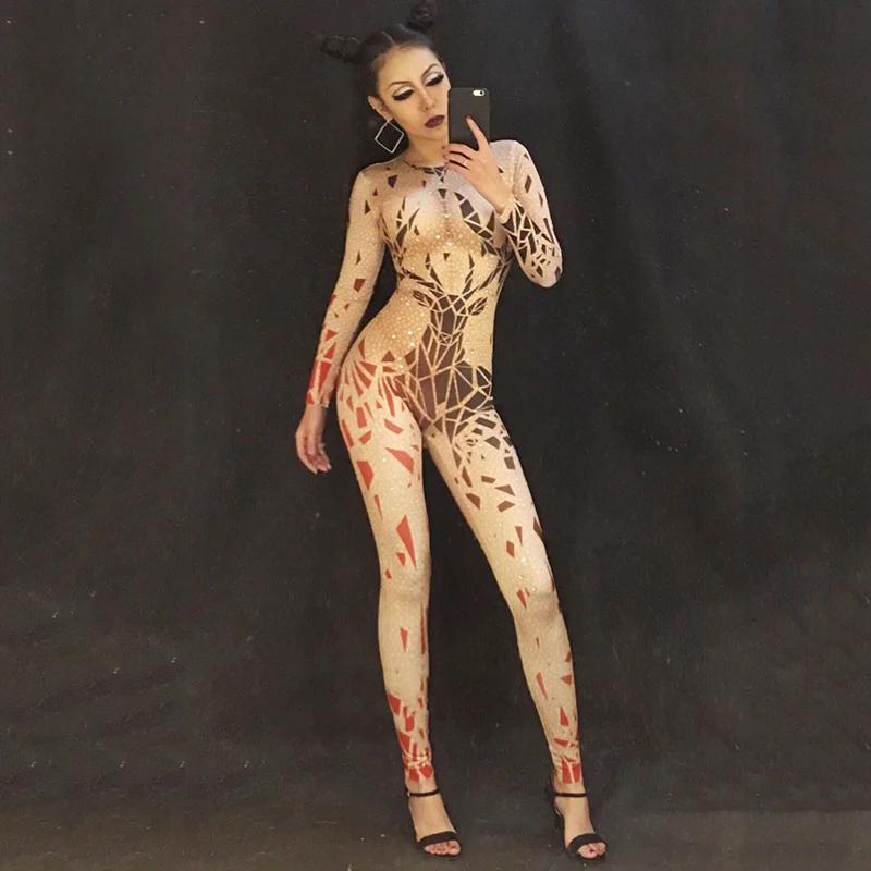 Long Sleeve Elk Print Nude Color Jumpsuit One Piece Bodysuit Costume Stage Outfit Singer Dancer Performance Rompers DNV10835 |