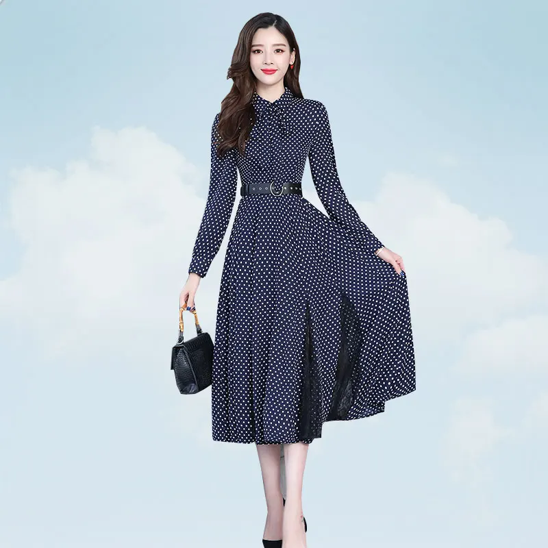 Осеннее платье женское средней длины винтажное в горошек Feminino Vestido пояс