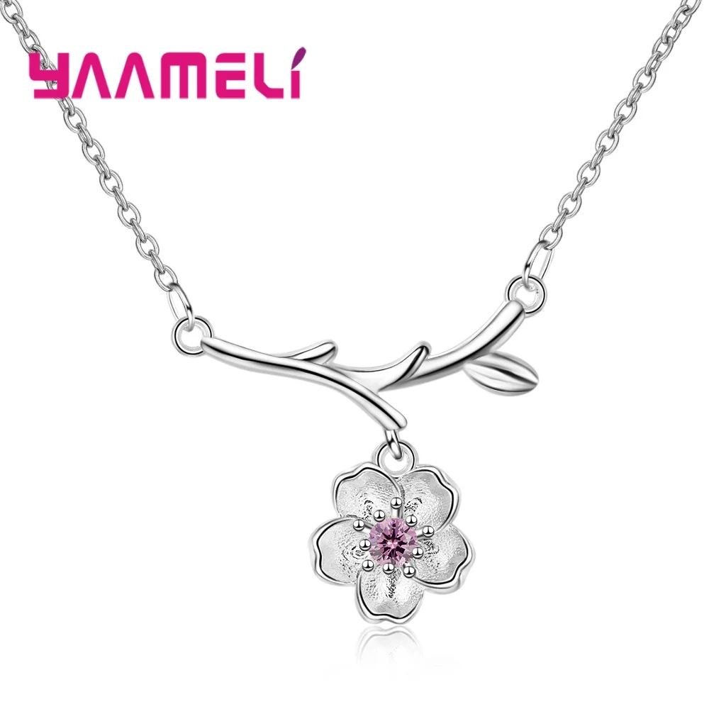 

925 Sterling Silver Sakura Flower Necklaces & Pendants Cubic Zirconia Cherry Blossoms Necklace For Women Party Jewelry Collar