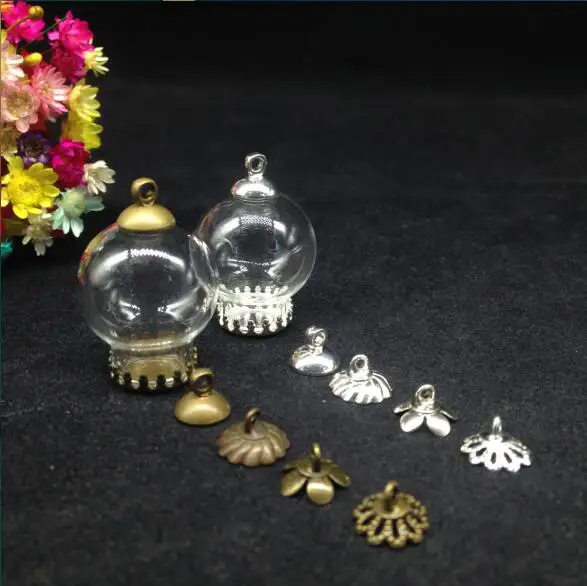 

300pcs 20*12mm wholesale clear glass vial pendant with crown 8mm cap glass globe bubble jars glass wishing bottle cover necklace