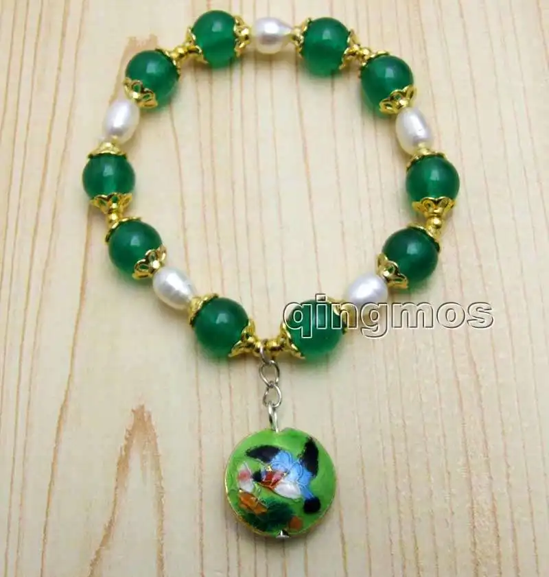 10mm Green Round Natural Beads and 7-8mm White Rice Pearl Bracelet & Green Cloisonne -b382 Wholesale/retail Free ship
10mm Green Round Natural Beads and 7-8mm White Rice Pearl Bracelet & Green Cloisonne -b382 Wholesale/retail Free ship