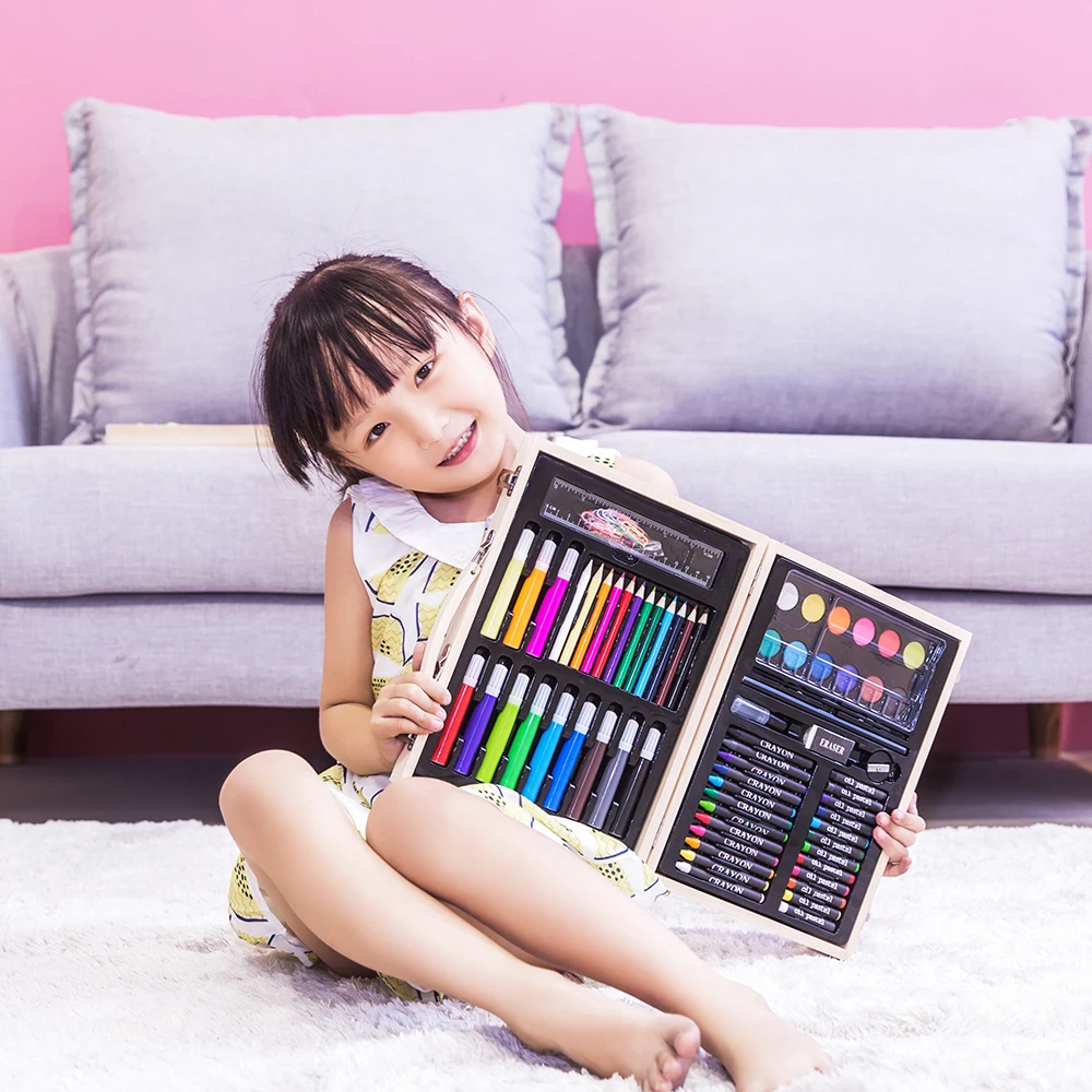 67pcs/set Deluxe Wood Art Set for Kids in Wooden Case Children Students Supplies Oil Painting Stick Paint Brush | Канцтовары для