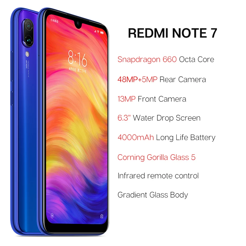 Мобильный телефон Xiaomi Redmi Note 7 Note7 с глобальной прошивкой 4 ГБ 64 Snapdragon 660 48MP двойная