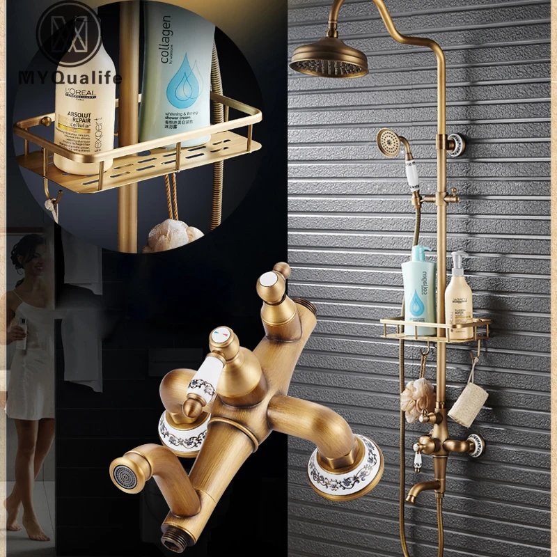 

Antique Brass Shower Mixer Faucet Set One Handle with Storage Holder Shower Faucet Taps Swivel Tub Spout 8" Rainfall Showerhead