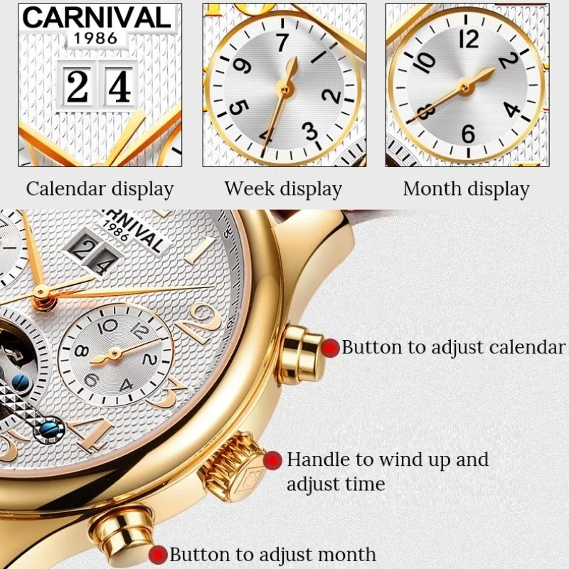 High end Tourbillon Mechanical Watch CARNIVAL Business Self wind Automatic Watch men Calendar Week Month Waterproof Male Clock
High end Tourbillon Mechanical Watch CARNIVAL Business Self wind Automatic Watch men Calendar Week Month Waterproof Male Clock