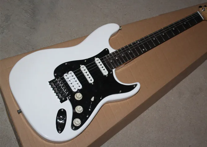 White electric guitar, black shield, HSS pickup, Rosewood fingerboard, can be customized,
White electric guitar, black shield, HSS pickup, Rosewood fingerboard, can be customized,