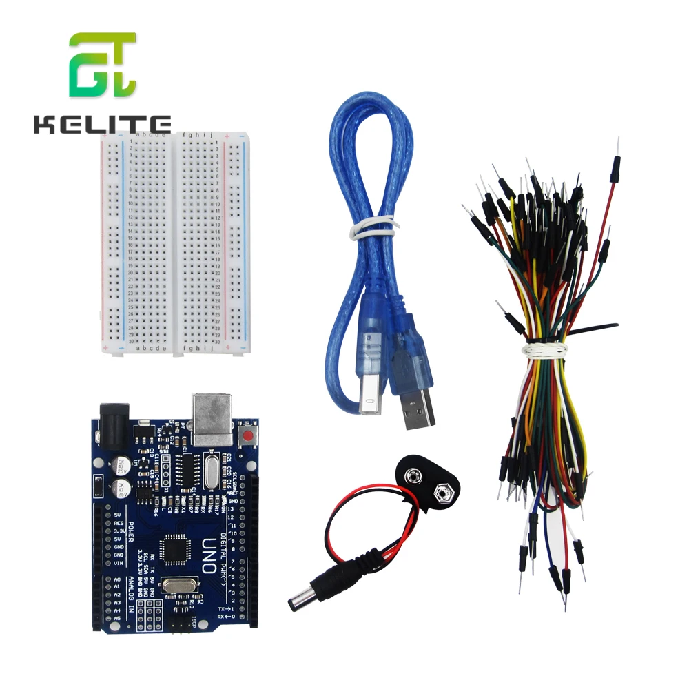 Hot sell! Starter Kit UNO R3 400 hole Points Breadboard 65 Flexible Jumper Wires USB Cable and 9V Battery Connector
Hot sell! Starter Kit UNO R3 400 hole Points Breadboard 65 Flexible Jumper Wires USB Cable and 9V Battery Connector