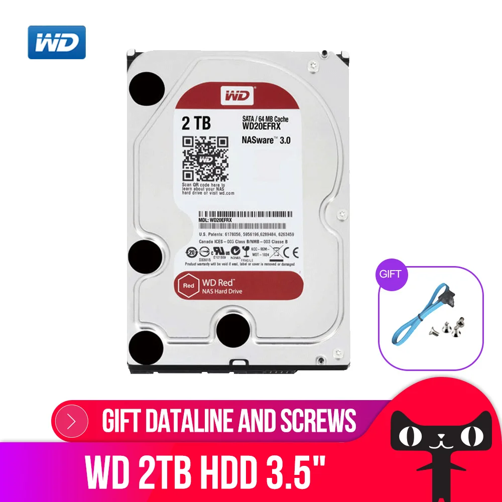

Western Digital Red 2 ТБ Сетевое хранилище 3,5 "NAS, жесткий диск, красный диск, 5400 об/мин, 64 Мб кэш, SATA3 6 2 ТБ HDD WD20EFRX