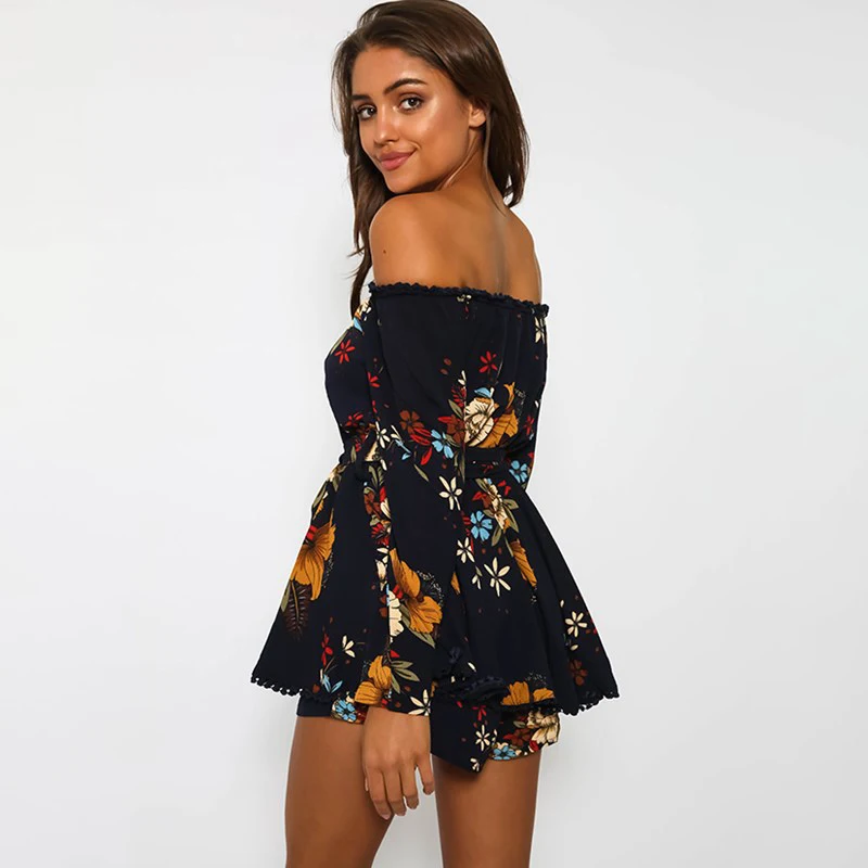 Для женщин Playsuit летние пикантные женские с длинным рукавом Slash шеи цветочные