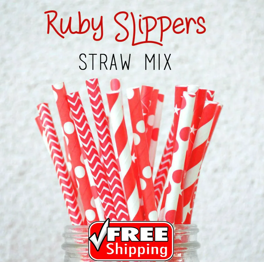 

250pcs Mixed 5 Designs Ruby Slippers Themed Paper Straws-Red-Stripe,Dot,Chevron,Star-Christmas Party Fun Decorations Cheap Bulk