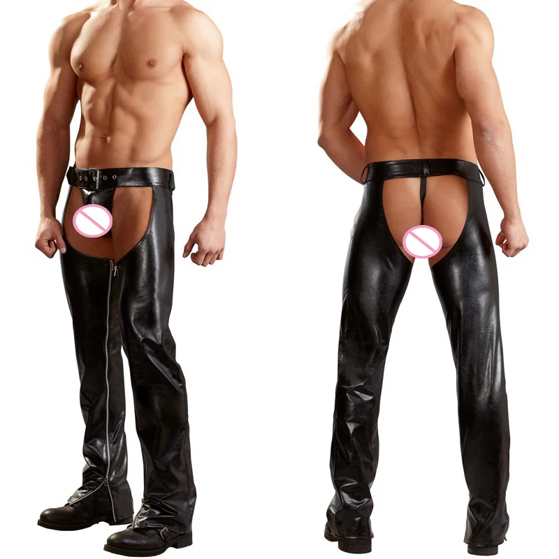 2018 сексуальные мужские штаны из искусственной кожи с открытым шаговым швом