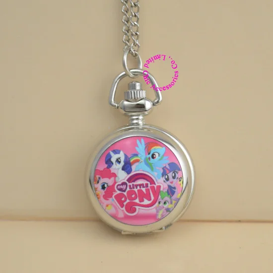 Модные розовые часы с рисунком милые карманные My Little Horse ожерельем серебристые