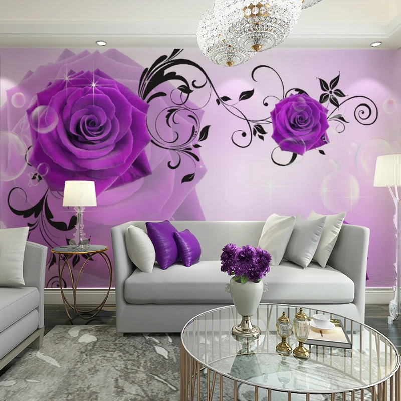 Custom photo wallpaper modern minimalist living room sofa purple blooming flower pattern TV backdrop mural | Обустройство дома