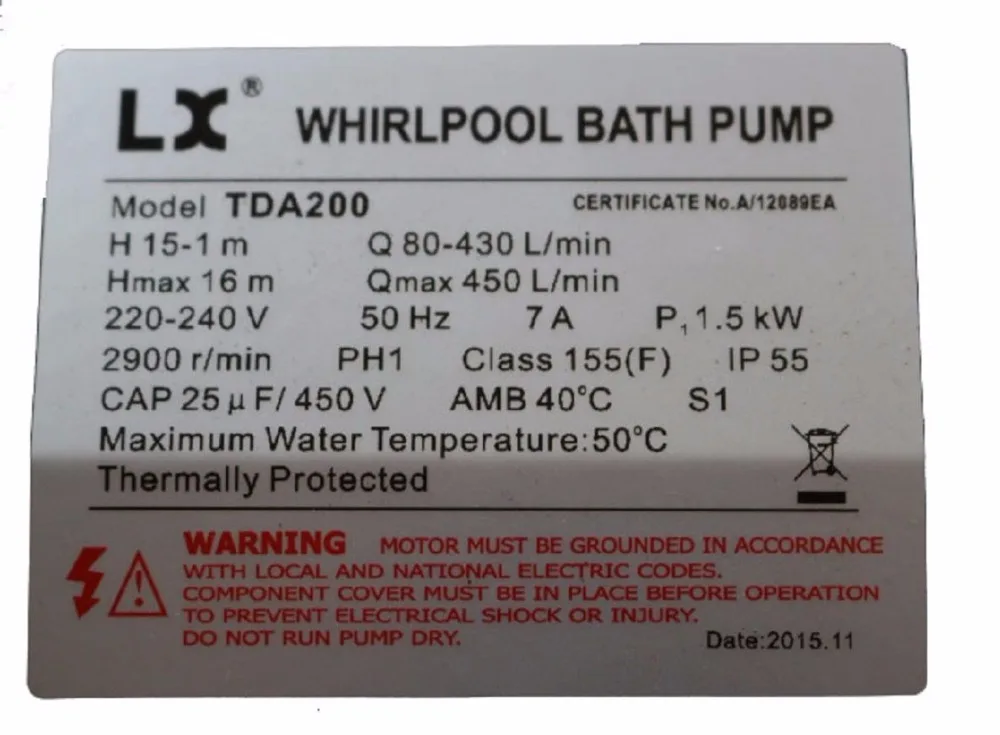 Hot tub spa pump AMP Plug TDA200 1.5kw 2Hp with 1.5 inch fittings fit Balboa Gecko