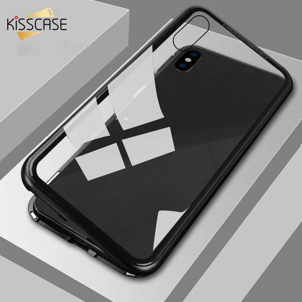 Магнитный чехол KISSCASE из закаленного стекла для iPhone XS X 8 Plus металлический