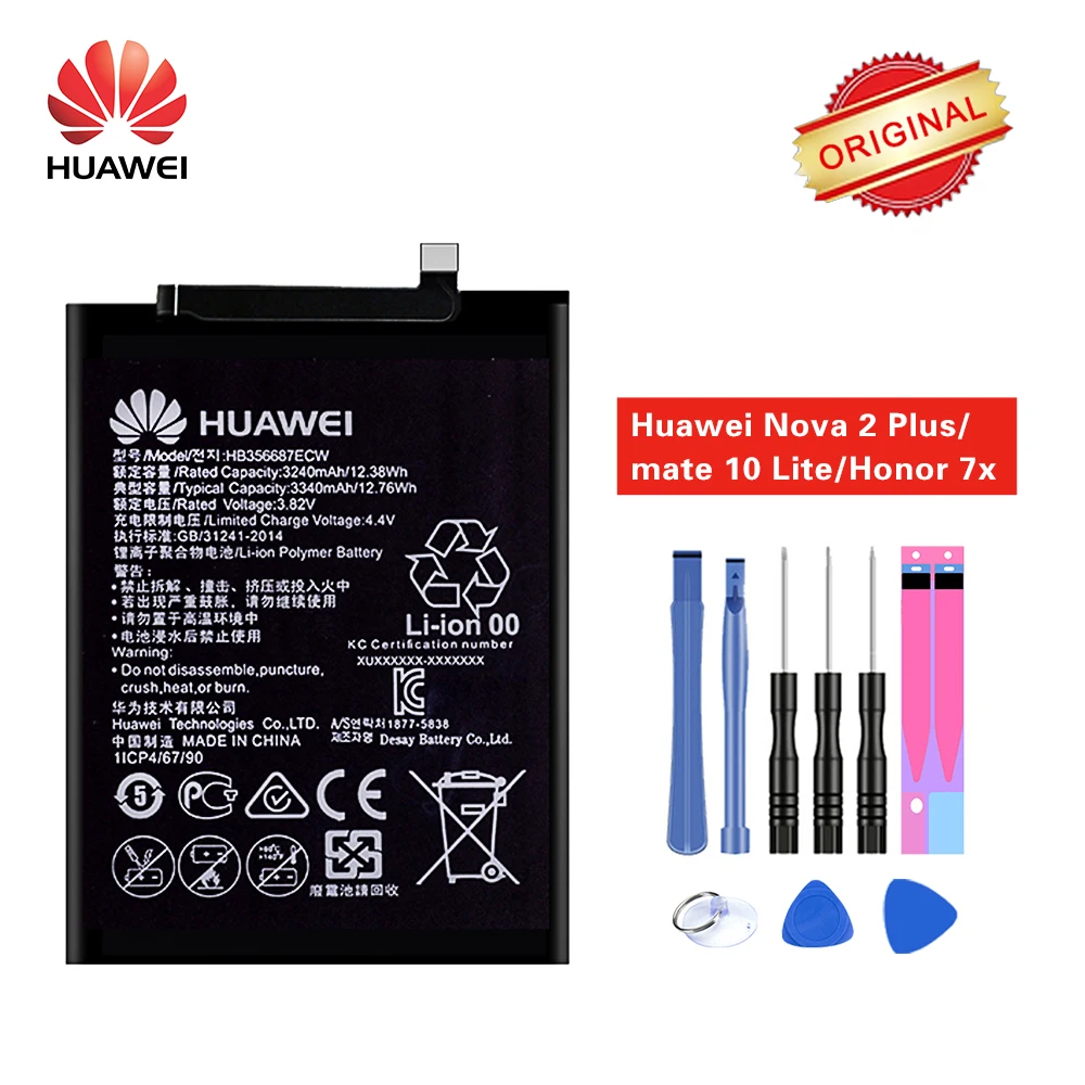Original Hua Wei Battery HB356687ECW for Huawei Mate 10 Lite Nova 2 Plus Nova 2i Honor 9i Huawei G10 Honor 7X 3340mAh+Tools
Original Hua Wei Battery HB356687ECW for Huawei Mate 10 Lite Nova 2 Plus Nova 2i Honor 9i Huawei G10 Honor 7X 3340mAh+Tools