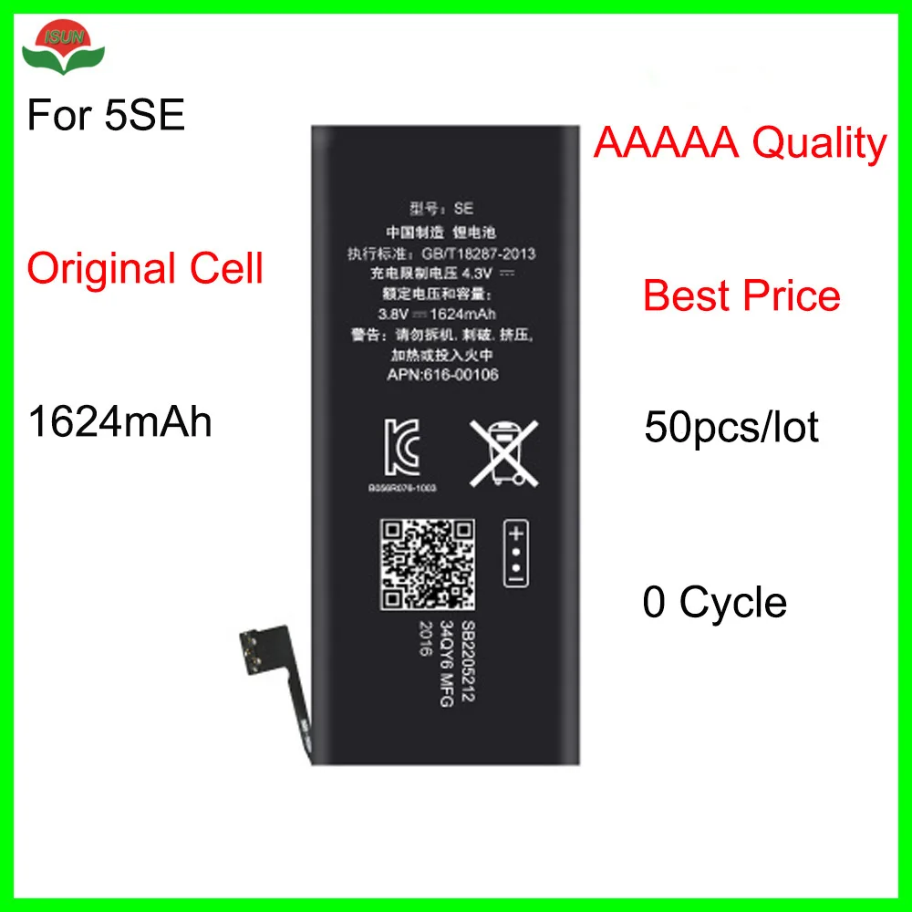 ISUN 50pcs/lot original quality 0 Cycle brand new 1624mAh Li-ion internal battery for iphone 5SE battery replacement
ISUN 50pcs/lot original quality 0 Cycle brand new 1624mAh Li-ion internal battery for iphone 5SE battery replacement
