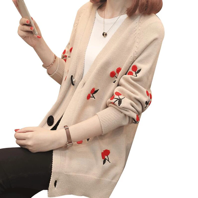 2018 Newest Spring and Autumn women Sweater Cherry Embroidery Cardigan Jacket Fashion Long Sleeve Knitted Sweater Cardigan Coats
2018 Newest Spring and Autumn women Sweater Cherry Embroidery Cardigan Jacket Fashion Long Sleeve Knitted Sweater Cardigan Coats