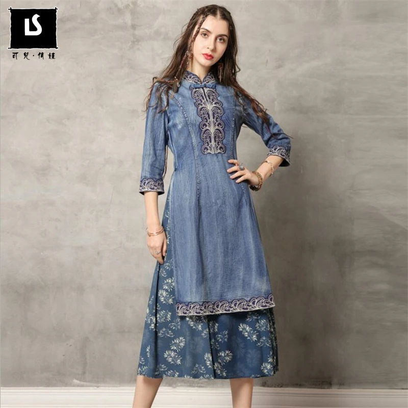 High Quality Spring summer New Women Denim Long Dress Plus Size Women Vintage cheongsam embroidery Slim Dresses Splice vestidos
High Quality Spring summer New Women Denim Long Dress Plus Size Women Vintage cheongsam embroidery Slim Dresses Splice vestidos