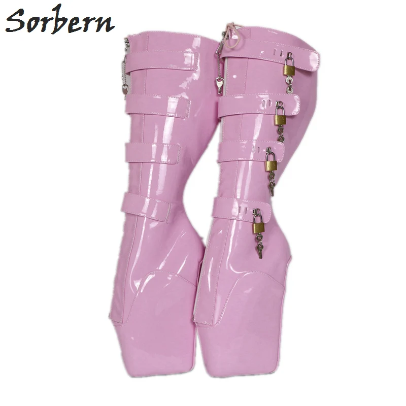 

Sorbern Pink Shiny Ballet Wedge Knee High Women Boots With Locks And Keys Bdsm Booties Custom Wide Calf Lace Up Front Straps