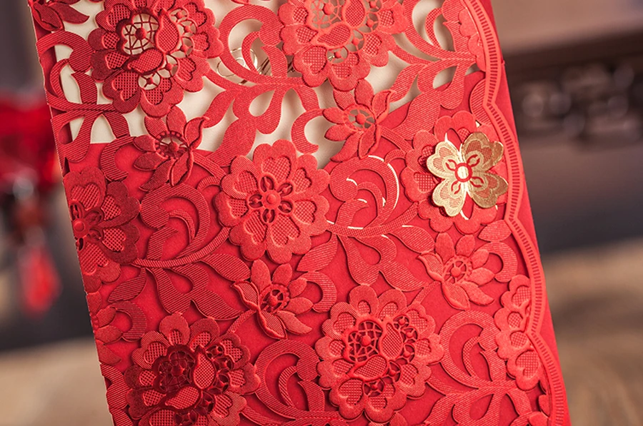 1pcs Wishmade Wedding Invitations with Red Laser Cut Floral Design for Elegant Bridal Shower Invitation Cards Envelopes | Дом и сад
