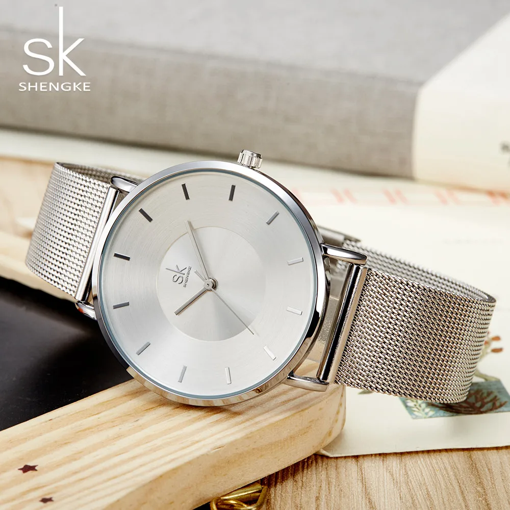 Часы наручные SHENGKE женские ультратонкие роскошные Серебристые модные SK|Женские
