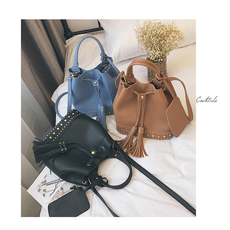 Fashion Rivet Bucket Bags Set Women Handbags PU Tassels Ladies Shoulder Bags For Female Ladies Crossbody Bags