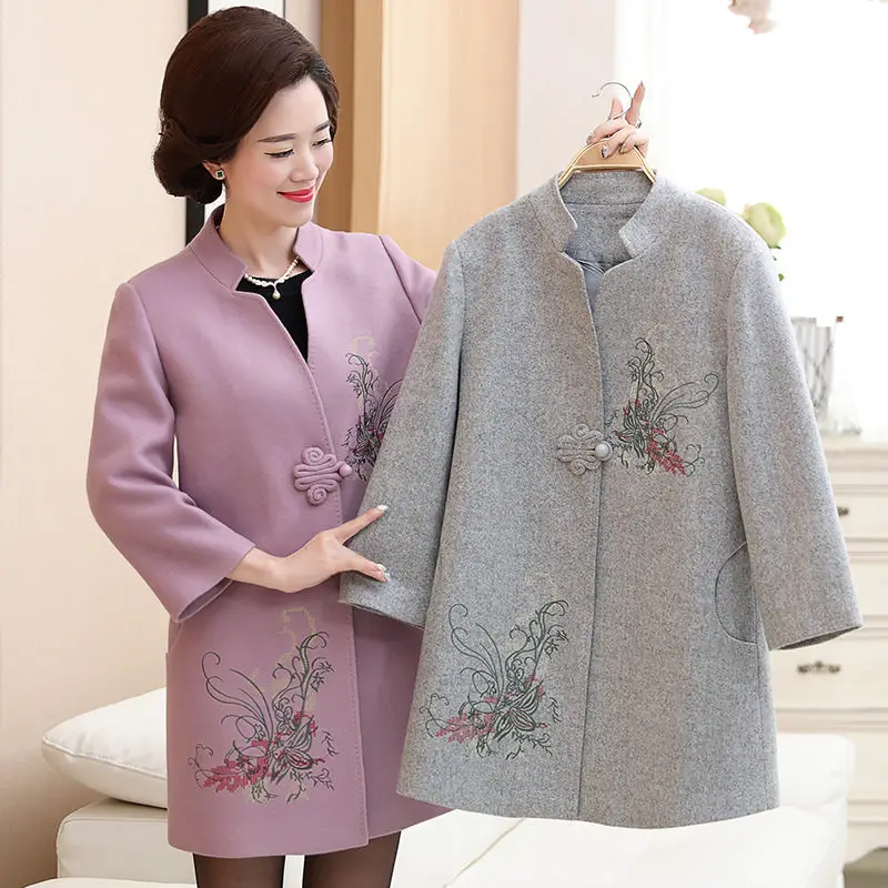 

Embroidery Woolen Coat 2019 Autumn Winter New Large Size Women's Blends Jacket Elegant Applique Outerwear XL-5XL f1156