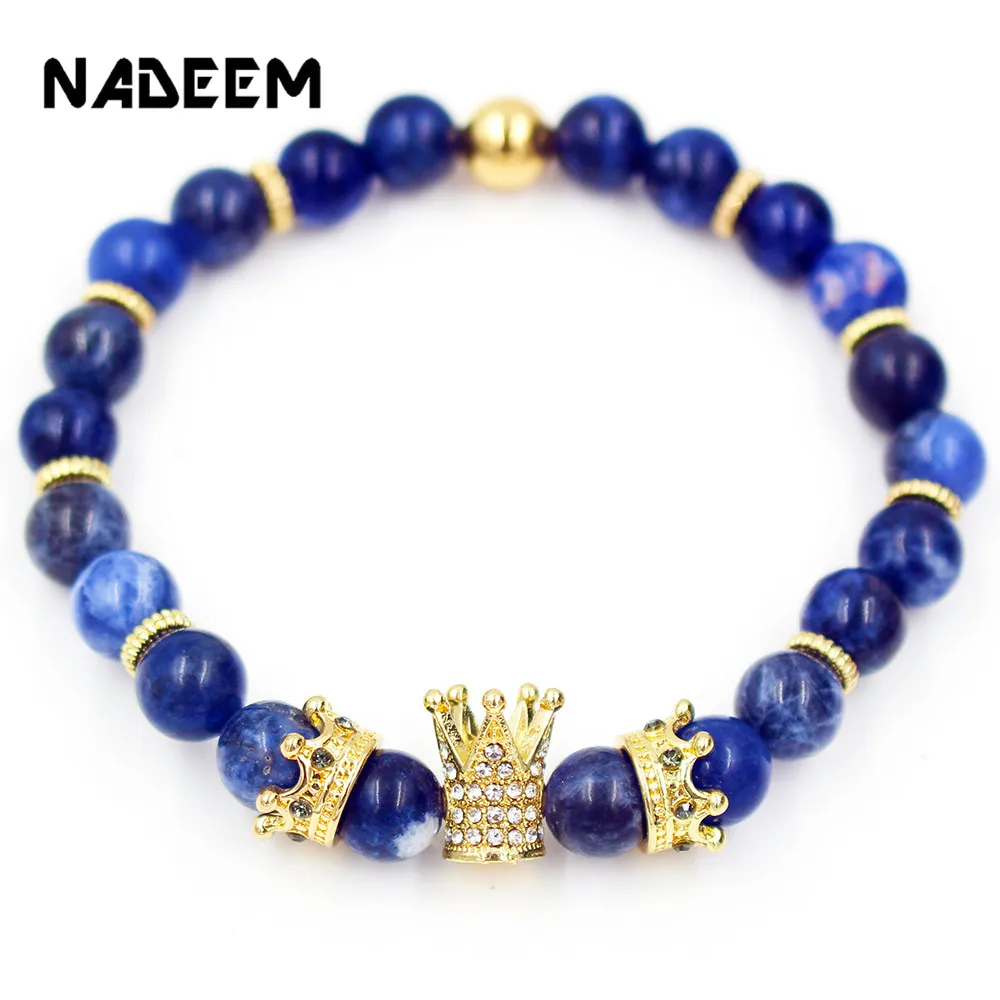 Natural Blue-Vien Stone Beads Bracelet Men's Micro Pave CZ King Rown Charm Mala Bead Rock Bracelets For Women Pulseira Masculina |